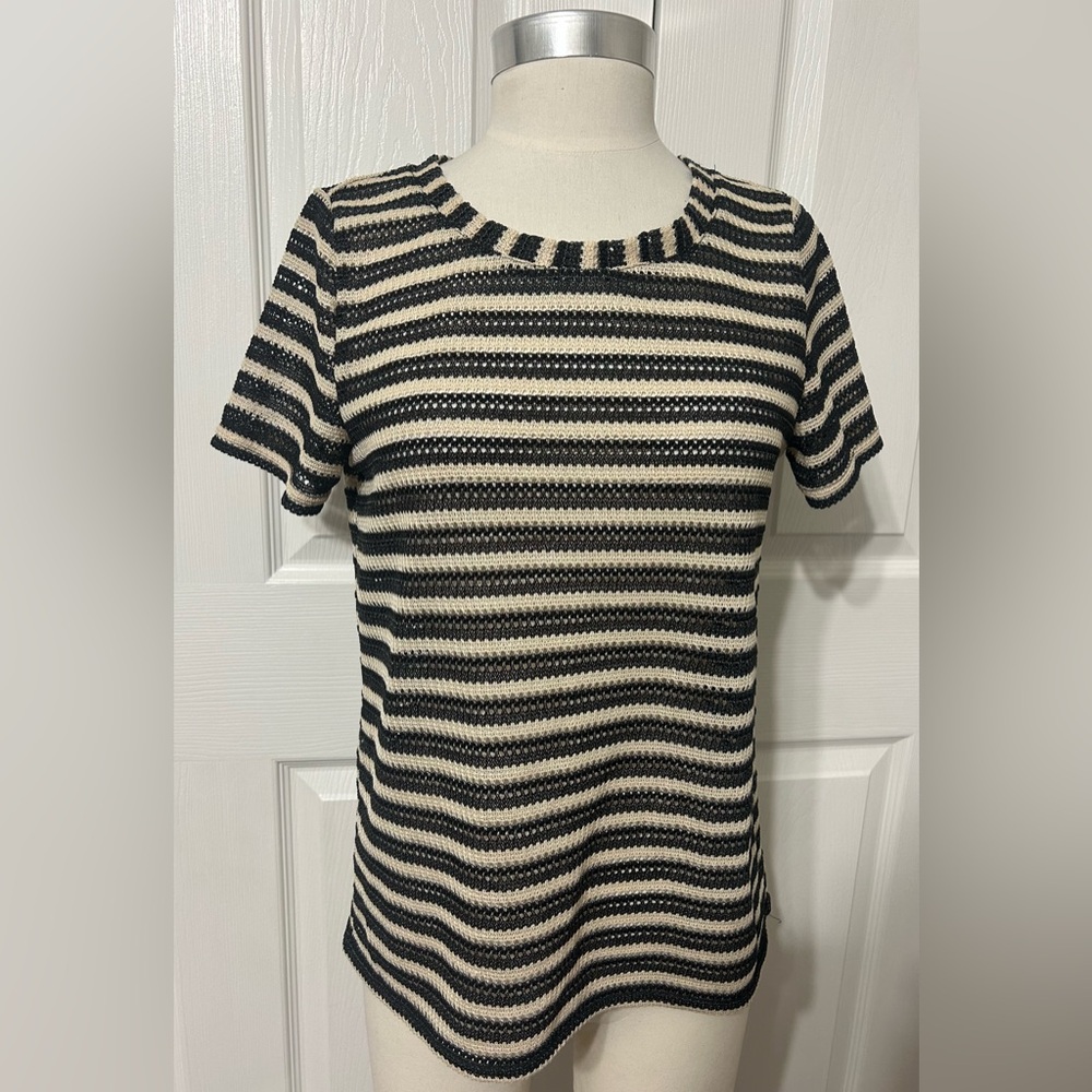Modern Works Women’s Black & Beige Stripe Pullover Top Open Knit Size M